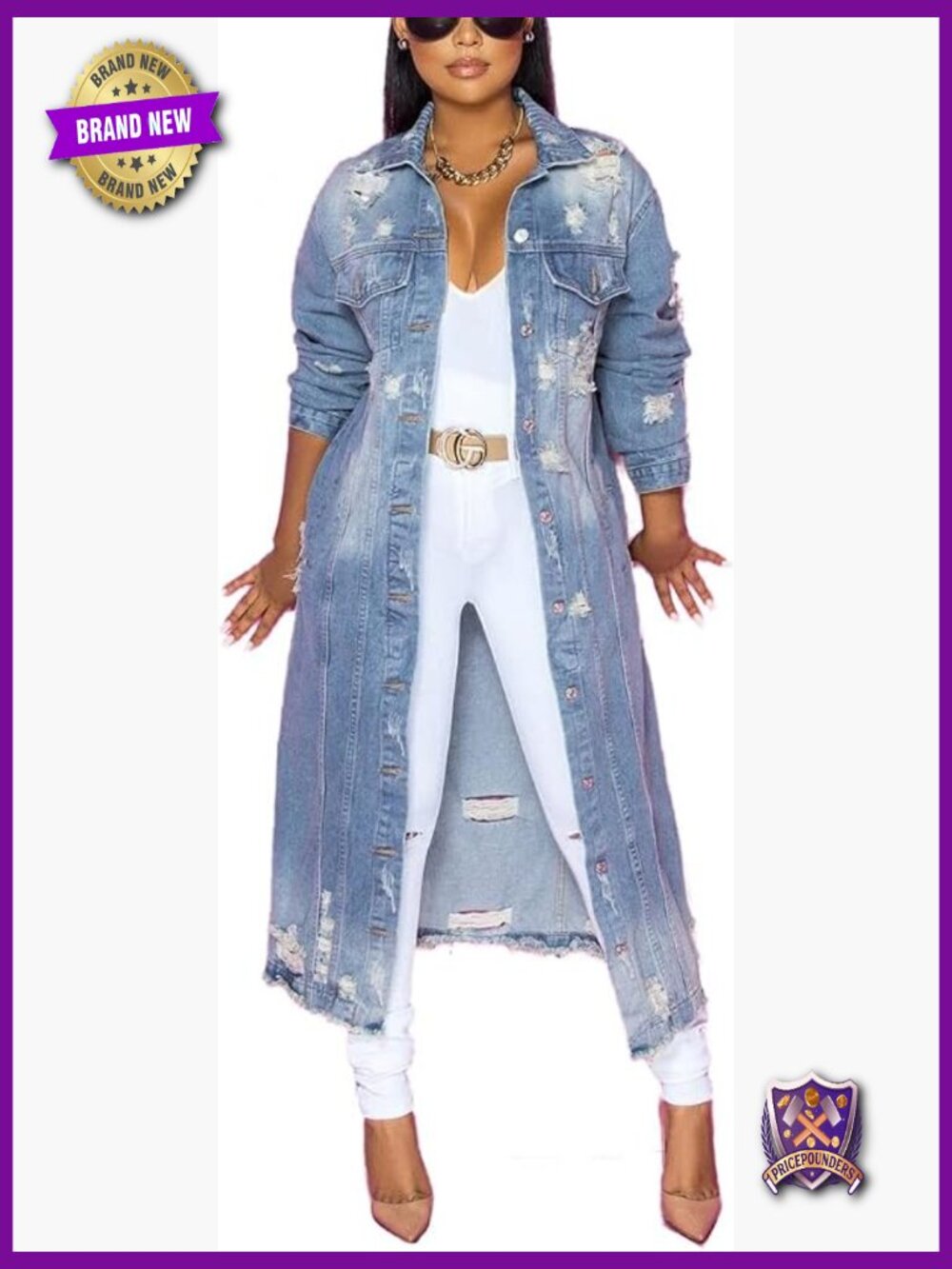 Distressed Ripped Denim Trench Coat Slim Button Down Long Jean Jacket